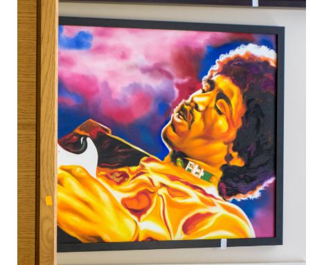 Hector "Monrock" Monroy (Mexican, Contemporary), oil on canvas, portrait of Jimi Hendrix playing guitar. Signed. Approx. 80.5