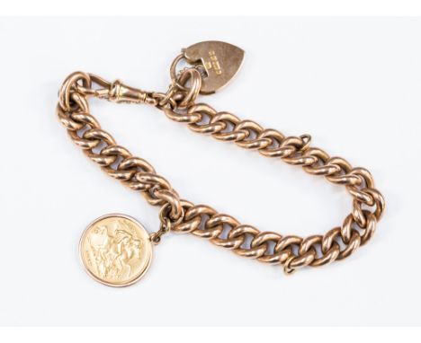 A 9ct rose gold charm bracelet (originally a watch chain) with half Sovereign (1912)  pendant and padlock and toggle fastener