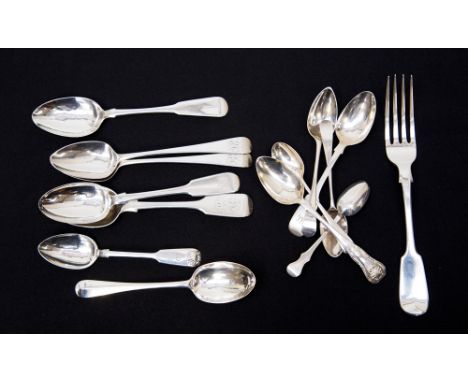 Assorted silver spoons and a silver fork, approx 12.17 ozt, assorted assay offices, dates, styles, etc 