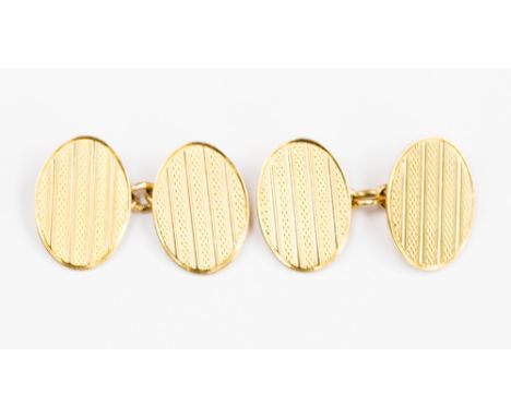 A pair of 18ct gold cufflinks, Cropp and Farr, 1929, retailed by Cartier, oval engraved chain links style, weight approx 10.3
