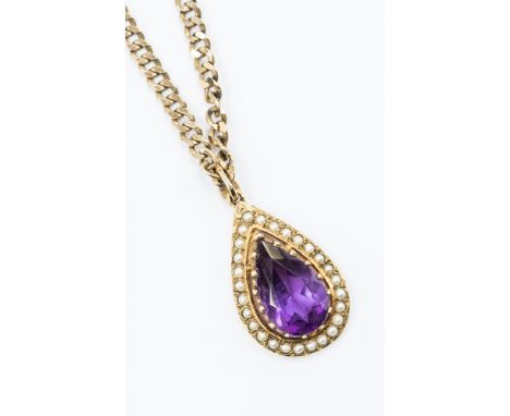 An amethyst and seed pearl pendant, set in 9ct gold, comprising a pear shaped amethyst with seed pearl surround, approx size 