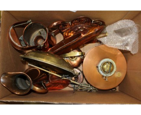 A collection of copper wares to include an oil lamp, a scuttle, a jug etc (1 box)