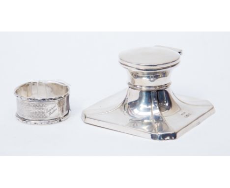 Silver ink stand Birmingham 1919, S.Blanckensee & Sons Ltd and a silver ring