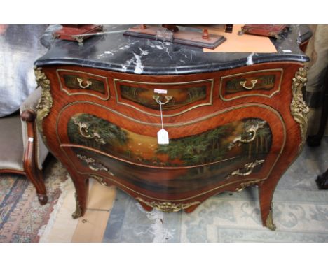 A Louis XV style marble topped commode, of serpentine 'Bombe' form, marble topped and applied gilt metal mounts, fitted with 