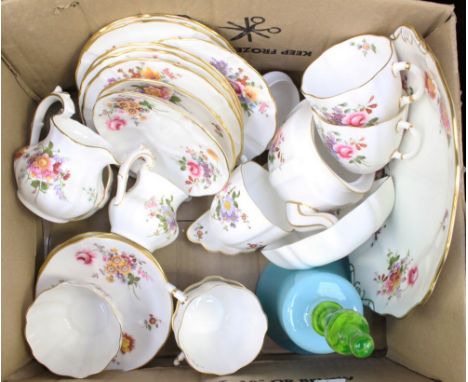 Royal Crown Derby, Derby posies teaset, including teapot, cups, saucers, plates, etc and a Victorian glass hand bell 