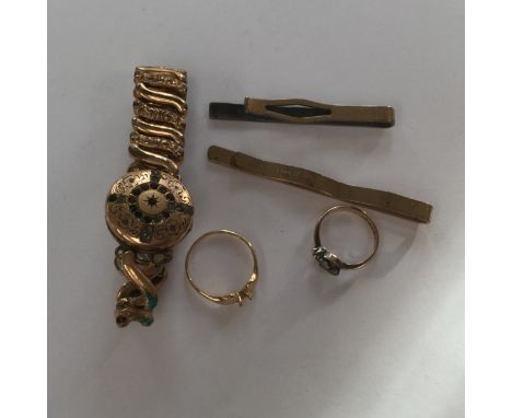 A 9ct gold ring, gold and silver tie clips, rose metal watch, case