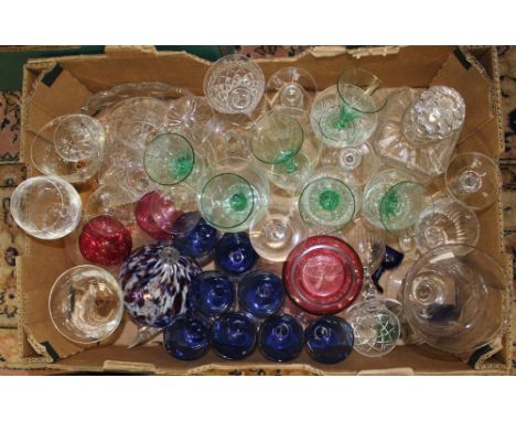 A quantity of glassware to include Cranberry, blue glass and cut glass drinking glasses, a decanter and eyebaths, etc (one  b
