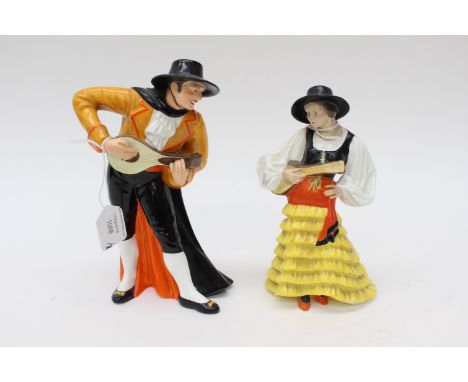  Royal Crown Derby Spanish Duet figure, modelled as a man playing a guitar, together with a woman in Flamenco costume, 19.5cm