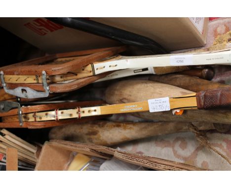 Three vintage tennis racquets; together with two large wooden Indian clubs, etc (7)  