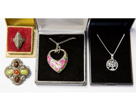 A collection of jewellery comprising a silver silver heart pendant and chain with pink floral decoration, a silver 'tree of l