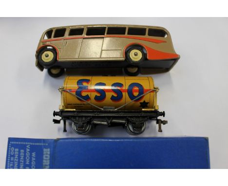 Hornby Dublo DI Esso Buff tank wagon, boxed and a Dinky luxury coach, brown with orange coach lines 