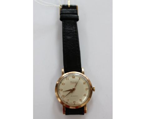A gentlemen's circa 1950s vintage Rone wristwatch in 9ct gold on a leather strap, case diameter approx 33mm, complete in orig