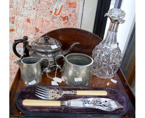 Silver topped glass decanter and a pair of EPNS fish servers and three items of EPBM  