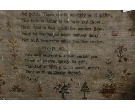 An early 19th Century Derbyshire sampler depicting "OF THE LIFE OF TIME" verse etc, signed and dated 1800  