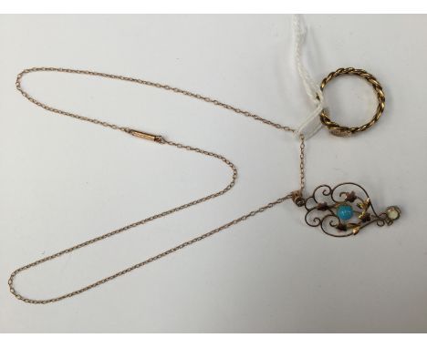 An Edwardian gold openwork turquoise set pendant and a love token ring, combined total gross weight approx 8gms (2)