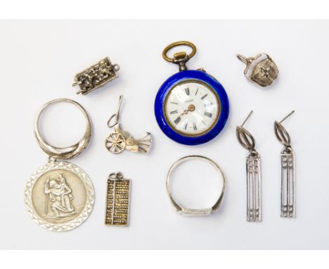 An Elba ladies blue enamelled silver fob watch,enamel white dial  approx diameter 28mm, (af) damage to the enamel,  silver ch