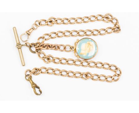 A 9ct rose gold Albert chain with Essex crystal medallion with nickel T bar and clasp, gross weight 45 grams approx 