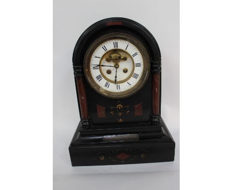 A Victorian black marble mantle clock, circa 1878, with keys 