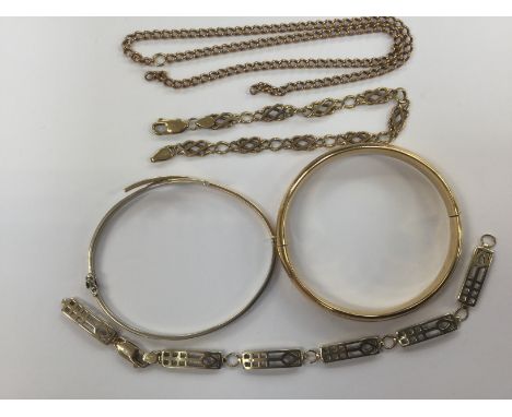 A bag of 9ct gold and yellow metal bracelets, including a Mackintosh bracelet (af) broken jump ring, a Celtic bracelet, a nec