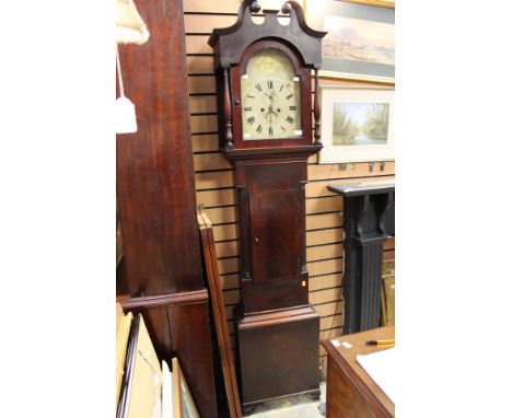 A George III mahogany eight day longcase clock, the hood with a swan neck pediment, having two winder holes, the dial indisti