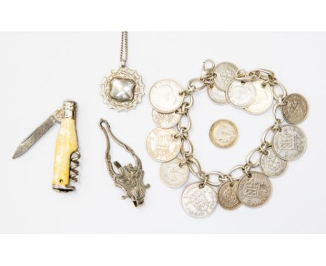 Watch fob on base chain: Fourteen 3d, one 6d on silver bracelet and one 3d: Silver tie pin, hallmarked: Small fruit knife, ba