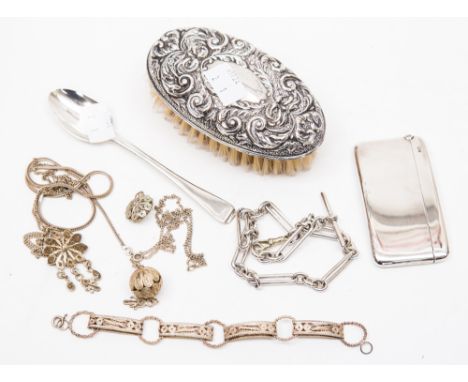 A silver calling card case, Chester 1910, Stokes & Ireland Ltd, chain, Georgian teaspoon, brush and filigree jewellery (parce