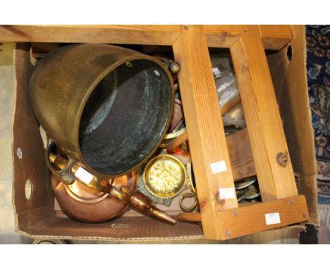 A quantity of copper ware and brassware to include copper kettle, German planter, etc and a wooden rack (one box) 