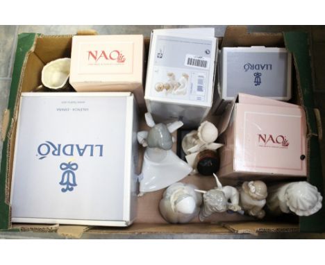 Three boxed Lladro Angels with two unboxed Lladro Angels, assorted Nao figures, etc (one box) 