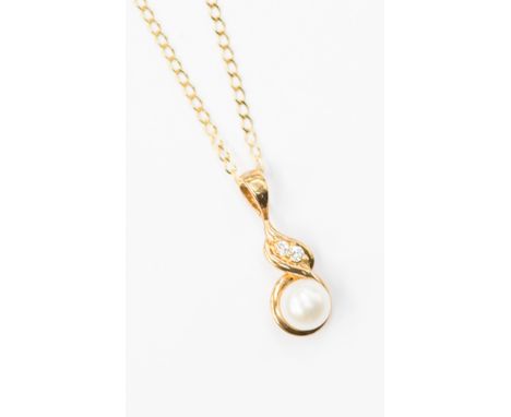 A yellow metal neck chain with a pearl and white stone pendant, chain length approx 18'', probably 9ct gold, total gross weig
