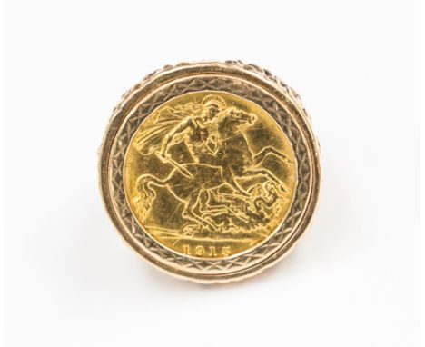 A half Sovereign ring in 9ct mount and shank, coin dated 1915, size N, weight approx 11.3 grams