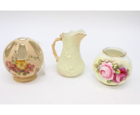 A Royal Worcester pomander, puce backstamp ref 991, with Royal Worcester vase decorated with roses and signed;  and a Locke a