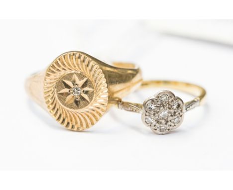A gentlemen's 9ct gold signet ring, with a diamond cut surround set with a single diamond chip, size X along with an Edwardia