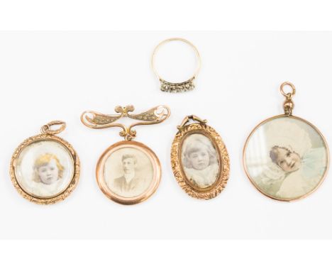 9ct gold photo locket frames, 19th and early 20th Century; to include a photo locket suspended by an ornate gold brooch, toge
