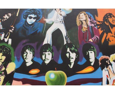 Hector "Monrock" Monroy (Mexican, Contemporary), oil on canvas, portrait of rock icons (Beatles, Led Zeppelin, Bob Dylan, Jim