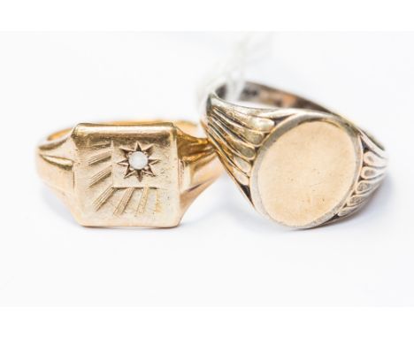 A gentlemen's 9ct gold signet ring, size R1/2; together with a gold plate on silver example, size Q 