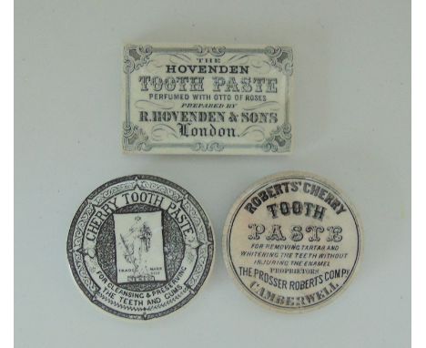 Three Staffordshire Monochrome Pot LidsCherry Toothpaste - SMC&CoHovenden Toothpaste- R. Hovenden & son LondonRoberts Toothpa