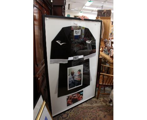 A boxing robe signed by Mike Tyson & Evander Holyfield in silver ink, professionally framed with two images (one depicting fi