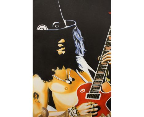 Hector "Monrock" Monroy (Mexican, Contemporary), oil on canvas, portrait of "Slash" of Guns N Roses playing guitar. Signed. A