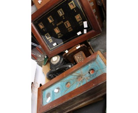 Two servant bell pull indicators with a wall mounted phone, oak book ends, brass mantle clock, etc 