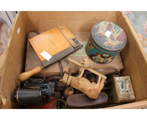 A collection of collectables including table croquet set, camera, binoculars, wooden toys, paper cutter, letter balance, slid