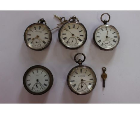  Four late Victorian, early 20th century pocket watches, silver, along with a clock/pocket watch, Hopkins and Hopkins of Dubl
