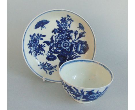 A Worcester Blue & White Tea Bowl & SaucerThree Flowers PatternDate  Circa 1770Size;  Tea Bowl -   7.5cm Diam  4.7cm High    