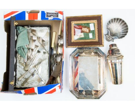 A quantity of silver plated wares to include flatware and a cocktail shaker etc, together with a small framed portrait of a c