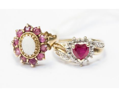 Two 9ct gold rings, comprising an opal and ruby cluster ring, size K, and a synthetic ruby and diamond heart shaped cluster, 