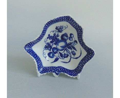 A Worcester Blue &  White  Leaf Tray Printed with   ' The Pickle leaf fruit'  pattern.Date Circa 1780-85  Disguised Numeral  