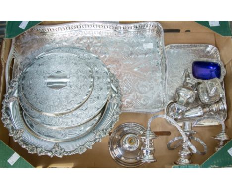 A large gallery tray with chased design, together with two other trays, two coasters, a candelabra a/f, and a three piece cru