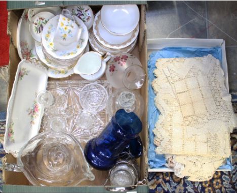 A collection of glass, ceramics and linen to include a decanter and dressing table set (1 box) 