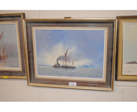 Ian Harrison, oil on canvas study of a tug boat and a river barge at sea