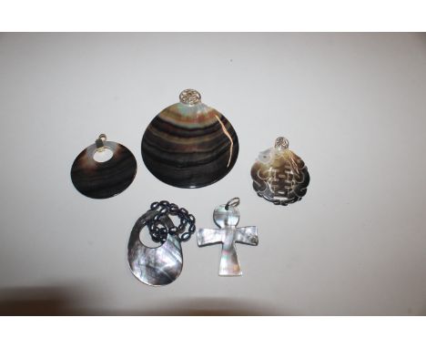 Three large Sterling silver and mother of pearl pendants and two other similar (5)
