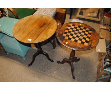 A Victorian occasional table with inlaid chequerboard top and a mahogany tripod tea table